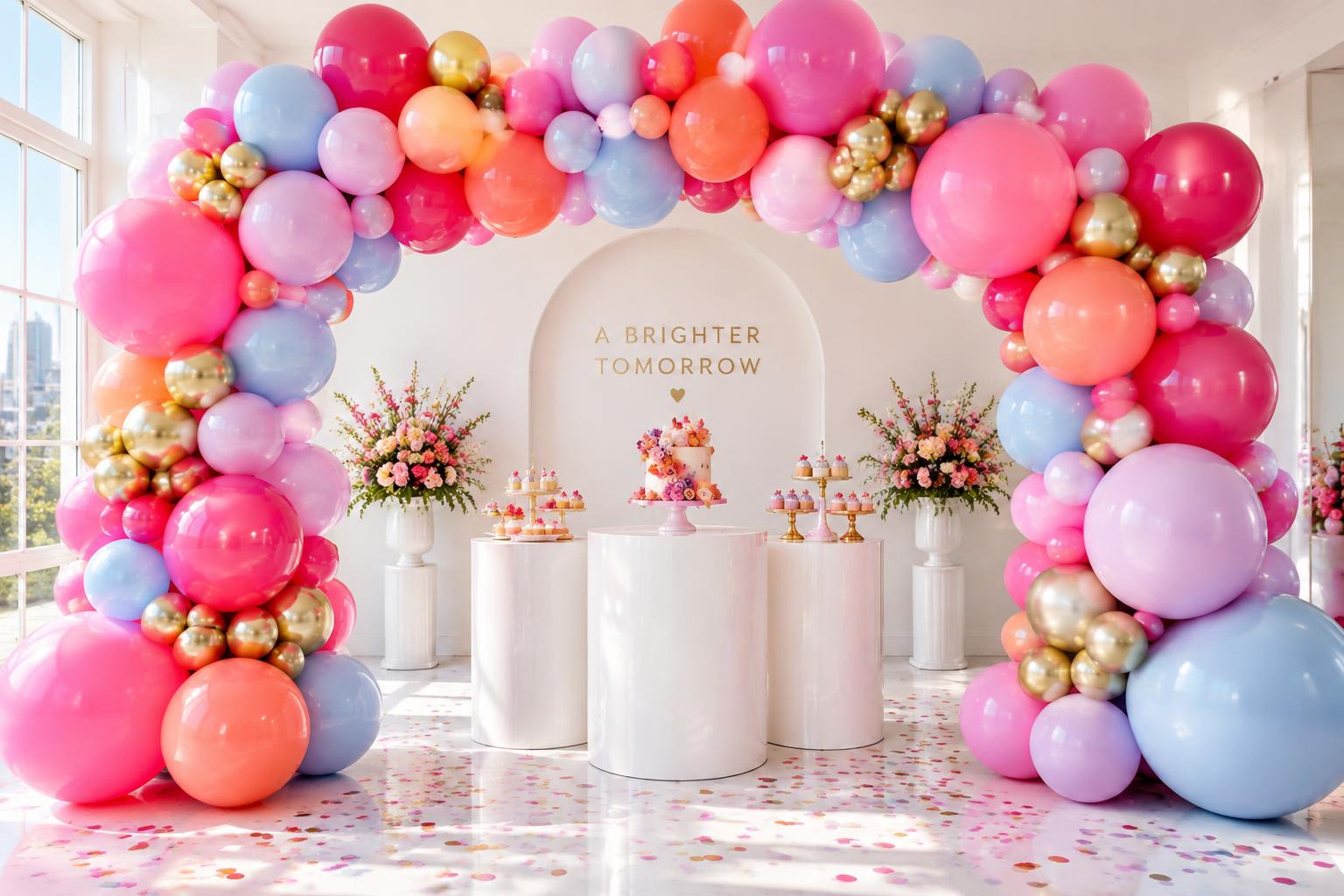 A premium balloon arch in coordinated pink, coral, lilac and gold